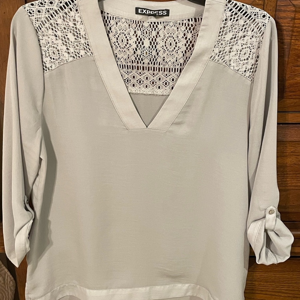 Express Light Cream Crochet Yoke V-Neck Blouse